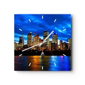 Reloj de pared - Reloj de vidrio - Panorama de la ciudad nocturna con rascacielos iluminados sobre el agua. - 30x30cm - Noche de luces y colores - Decoración de pared moderna para salón y dormitorio ARTTOR