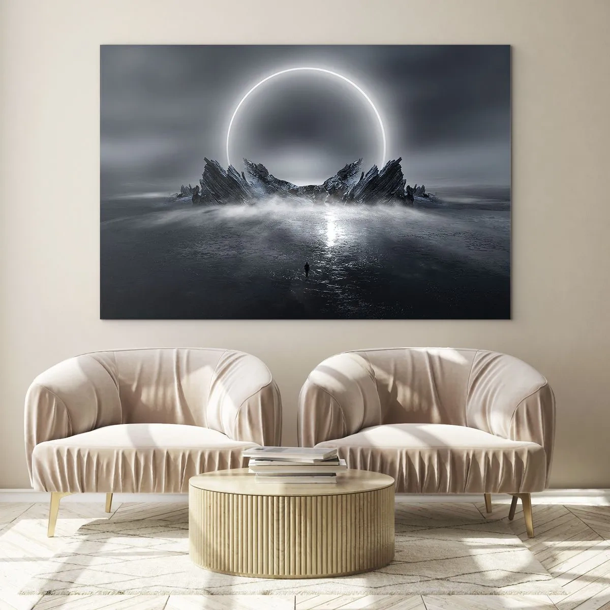 Cuadro sobre vidrio - Impresiones sobre Vidrio - Escena oscura con eclipse e isla rocosa. - 100x70cm - El final del cuento - Decoración de pared moderna para salón y dormitorio ARTTOR