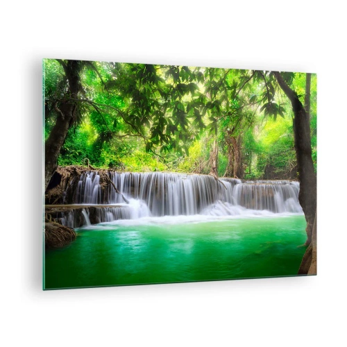 Cuadro sobre vidrio - Impresiones sobre Vidrio - Una cascada en un bosque tropical con agua cristalina. - 70x50cm - Cascada en verde - Decoración de pared moderna para salón y dormitorio ARTTOR
