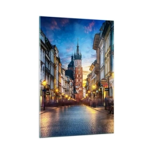 Cuadro sobre vidrio - Impresiones sobre Vidrio - Calle al atardecer con vistas a la Catedral de Cracovia - 80x120cm - El encanto de Cracovia - Decoración de pared moderna para salón y dormitorio ARTTOR