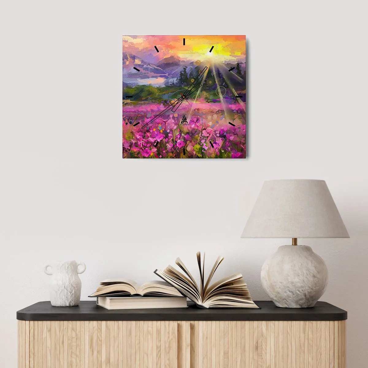 Reloj de pared - Reloj de vidrio - Un prado pintoresco bajo los rayos del sol poniente. - 30x30cm - En un valle bajo la protección del sol - Decoración de pared moderna para salón y dormitorio ARTTOR