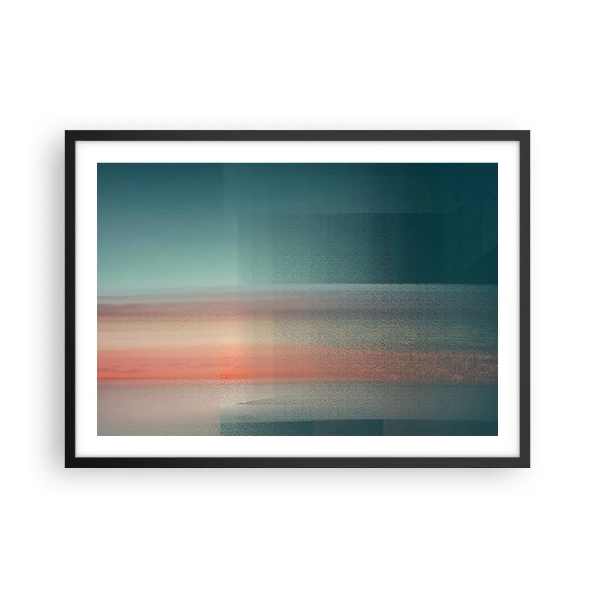 Póster en marco negro - Una puesta de sol en tonos pastel sobre un horizonte tranquilo. - 70x50cm - Abstracción: ondas de luz - Decoración de pared moderna para salón y dormitorio ARTTOR