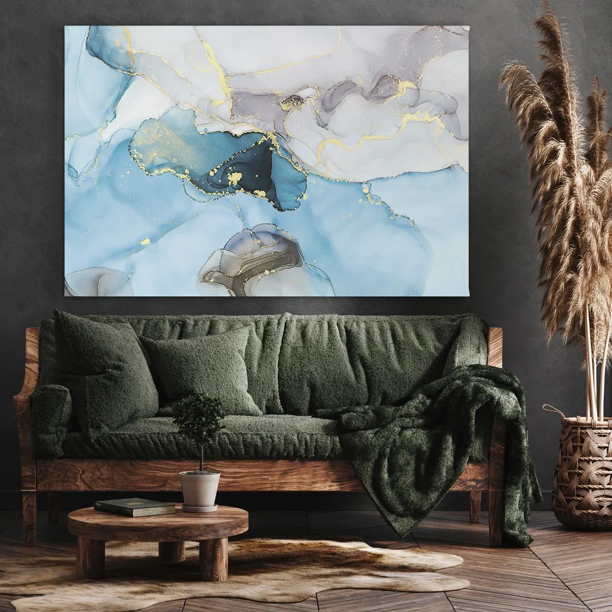 Cuadro sobre lienzo - Impresión de Imagen - Abstracción en tonos azules y dorados con líneas sutiles. - 70x50cm - Un estudio del encuentro entre el gris y el turquesa - Decoración de pared moderna para salón y dormitorio ARTTOR