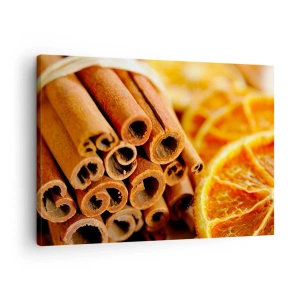 Cuadro sobre lienzo - Impresión de Imagen - Palitos de canela con rodajas de naranja secas en colores cálidos - 70x50cm - ¿Puedes oler su aroma? - Decoración de pared moderna para salón y dormitorio ARTTOR