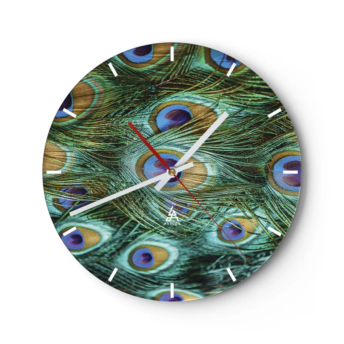 Reloj de pared - Reloj de vidrio - Plumas de pavo real en tonos verdes y azules. - 30x30cm - Mirada de pavo real - Decoración de pared moderna para salón, cocina y dormitorio ARTTOR