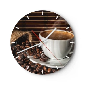 Reloj de pared - Reloj de vidrio - Una taza de café y granos esparcidos sobre un fondo de bambú. - 30x30cm - La negrura del carbón, la transparencia del ámbar - Decoración de pared moderna para salón, cocina y dormitorio ARTTOR