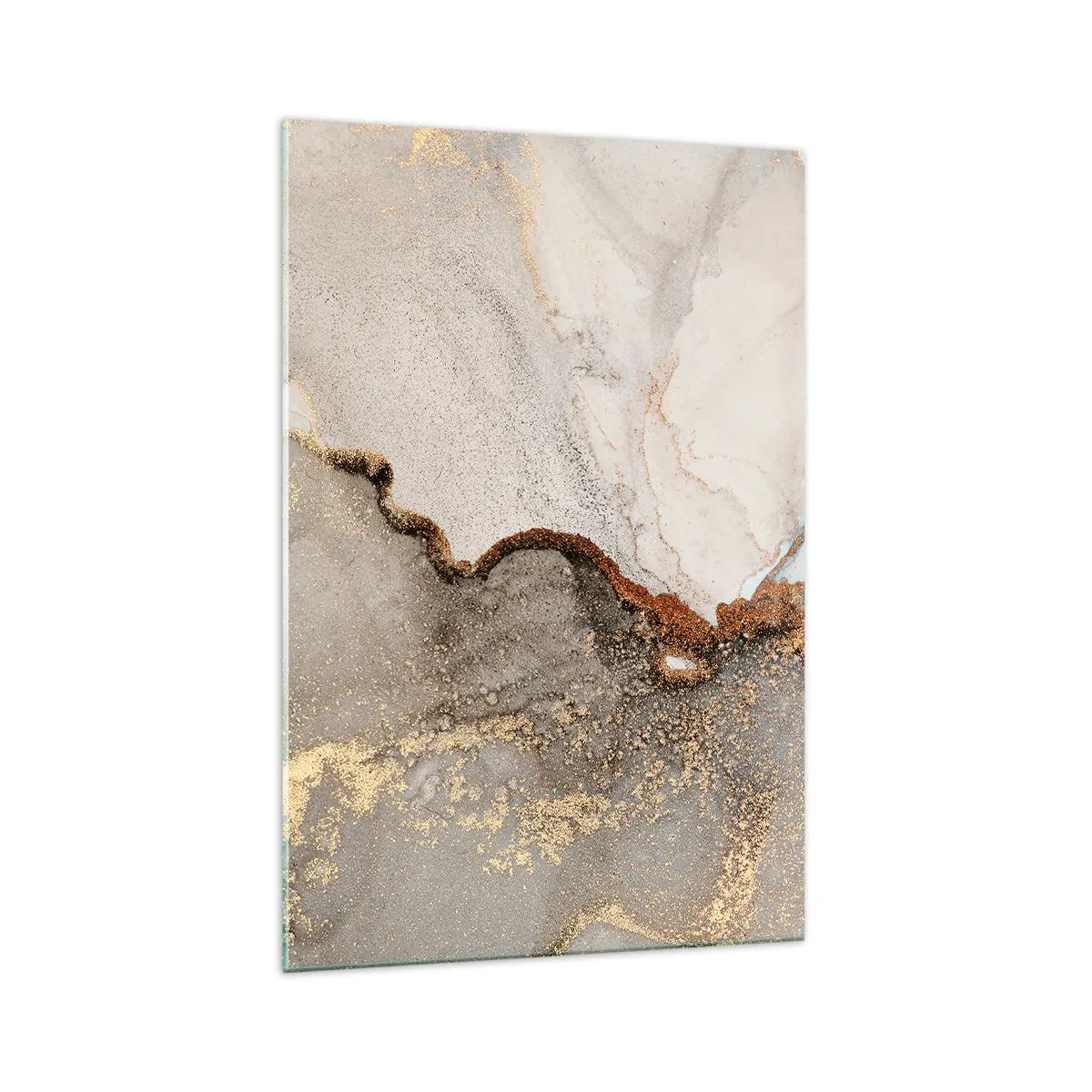 Cuadro sobre vidrio - Impresiones sobre Vidrio - Motivo abstracto con tonos dorados y grises. - 70x100cm - En la frontera de los colores - Decoración de pared moderna para salón y dormitorio ARTTOR