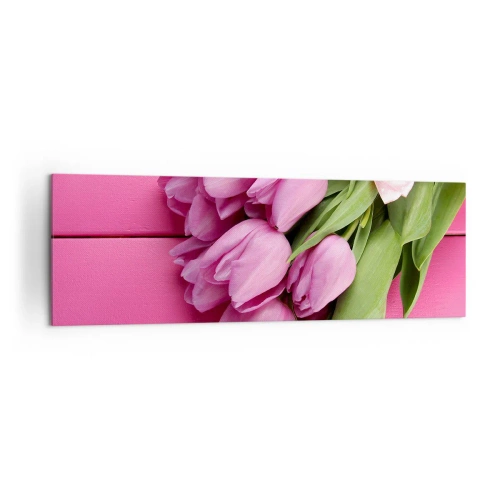 Cuadro sobre lienzo - Impresión de Imagen - Un ramo de tulipanes rosas con un lazo sobre un fondo rosa. - 160x50cm - Solo para ti - Decoración de pared moderna para salón y dormitorio ARTTOR