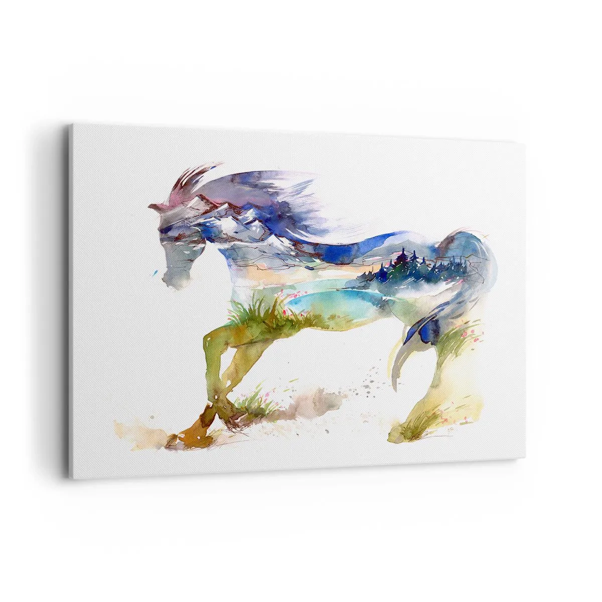 Cuadro sobre lienzo - Impresión de Imagen - Acuarela de un caballo con un paisaje de montaña en silueta. - 100x70cm - De la pradera al cielo - Decoración de pared moderna para salón y dormitorio ARTTOR