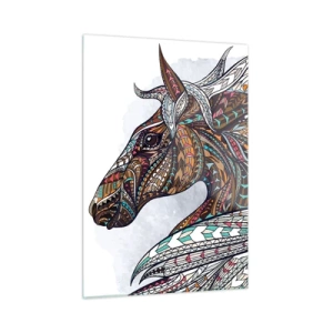 Cuadro sobre vidrio - Impresiones sobre Vidrio - Caballo colorido en estilo artístico con patrones geométricos. - 50x70cm - El corcel de un guerrero celta - Decoración de pared moderna para salón y dormitorio ARTTOR