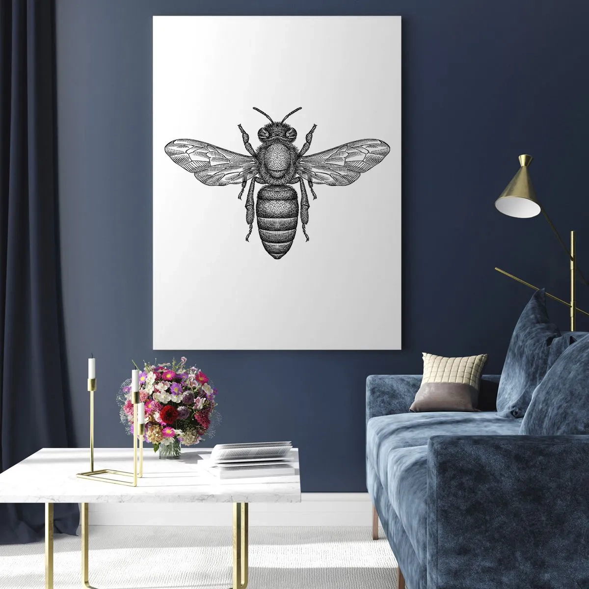 Cuadro sobre vidrio - Impresiones sobre Vidrio - Ilustración detallada de una abeja retro sobre un fondo blanco. - 50x70cm - Retrato de insecto - Decoración de pared moderna para salón y dormitorio ARTTOR