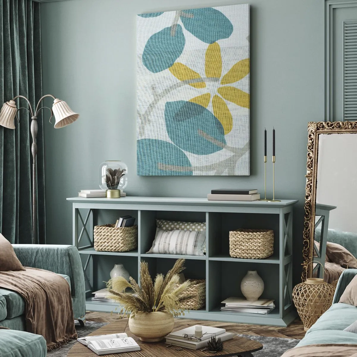 Cuadro sobre lienzo - Impresión de Imagen - Entre hojas azules - 65x120 cm