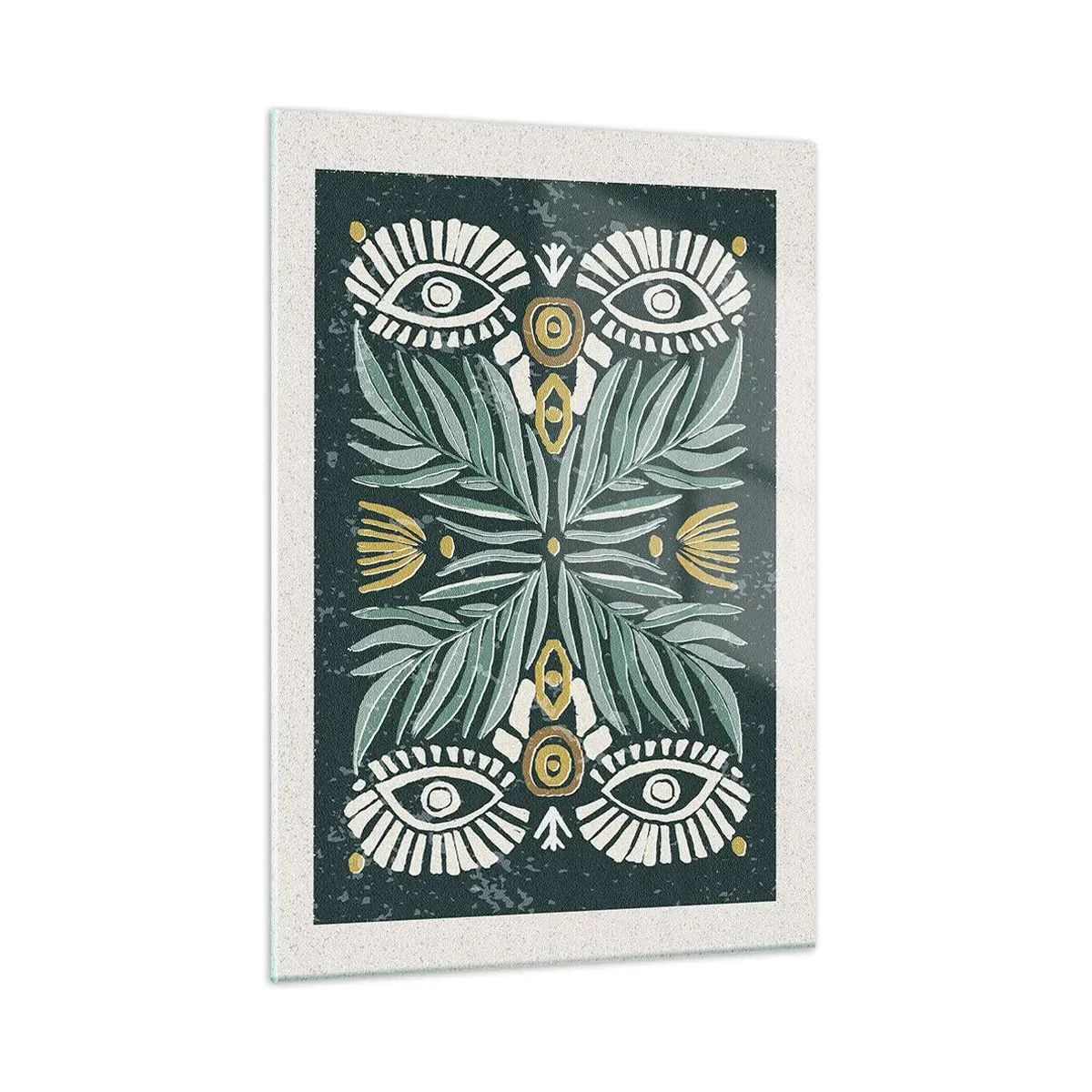 Cuadro sobre vidrio - Impresiones sobre Vidrio - Una composición simétrica de hojas y patrones en estilo folklórico. - 50x70cm - Como un recorte folclórico - Decoración de pared moderna para salón y dormitorio ARTTOR