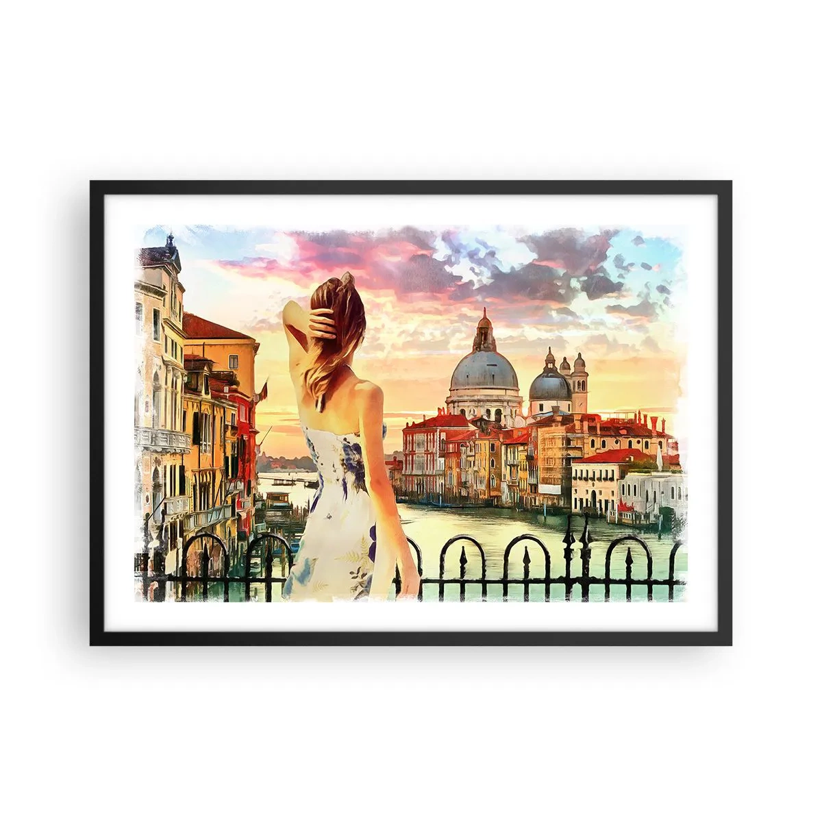 Póster en marco negro - Una mujer admirando el pintoresco paisaje junto al canal. - 70x50cm - Escapada de fin de semana - Decoración de pared moderna para salón y dormitorio ARTTOR
