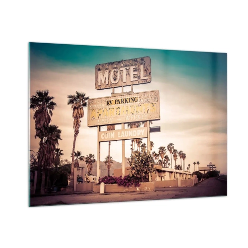 Cuadro sobre vidrio - Impresiones sobre Vidrio - Un antiguo letrero de motel rodeado de palmeras crea un ambiente retro. - 100x70cm - El tiempo se detuvo - Decoración de pared moderna para salón y dormitorio ARTTOR
