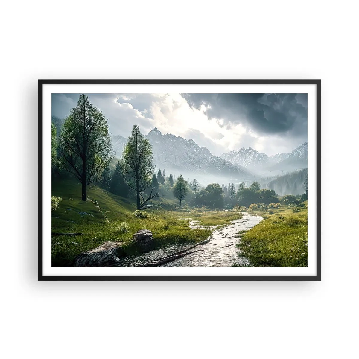 Póster en marco negro - Un paisaje montañoso con un río y árboles rodeados de montañas brumosas. - 100x70cm - De ida y vuelta - Decoración de pared moderna para salón y dormitorio ARTTOR