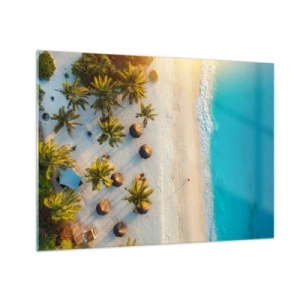 Cuadro sobre vidrio - Impresiones sobre Vidrio - Vista aérea de una playa tropical con palmeras y sombrillas. - 70x50cm - Bienvenidos al paraíso - Decoración de pared moderna para salón y dormitorio ARTTOR