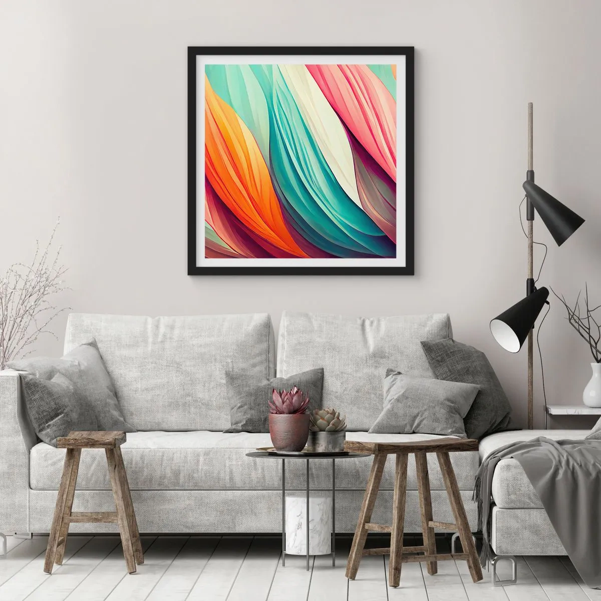 Póster en marco negro - Tejido arco iris - 40x40 cm