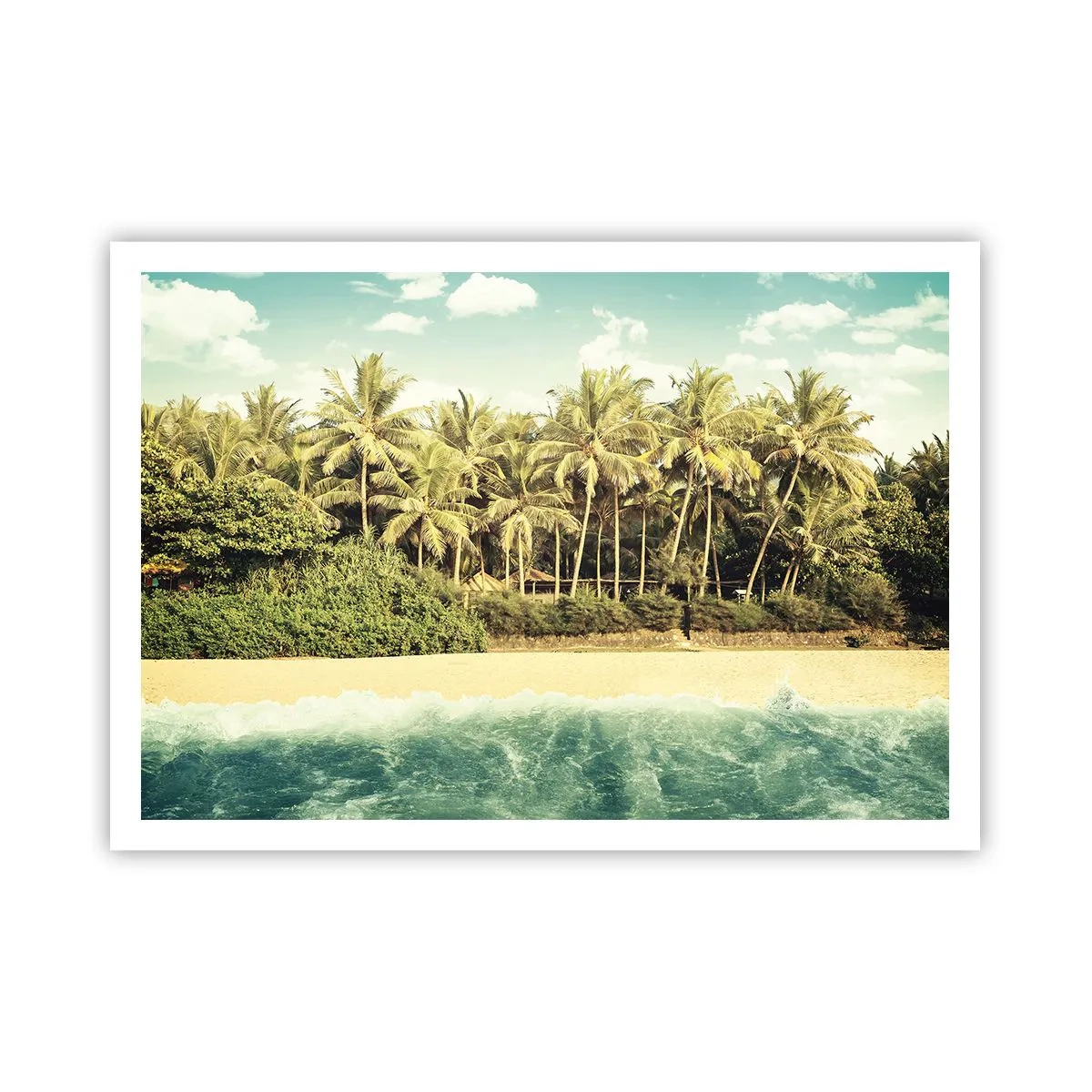 Póster - Playa tropical con palmeras y mar turquesa. - 100x70cm - ¿Qué tal aquí? - Decoración de pared moderna para salón y dormitorio ARTTOR
