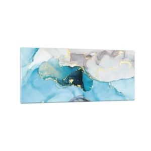 Cuadro sobre vidrio - Impresiones sobre Vidrio - Abstracción en tonos azules y dorados con líneas sutiles. - 120x50cm - Un estudio del encuentro entre el gris y el turquesa - Decoración de pared moderna para salón y dormitorio ARTTOR