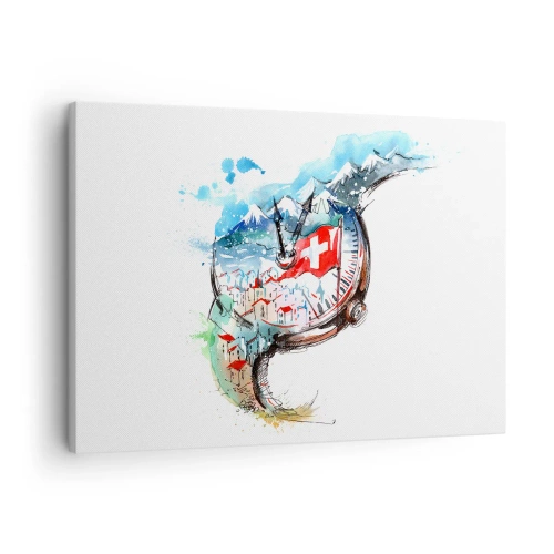 Cuadro sobre lienzo - Impresión de Imagen - Un paisaje de acuarela de Suiza con un diseño de relojería. - 70x50cm - El espíritu de Suiza - Decoración de pared moderna para salón y dormitorio ARTTOR