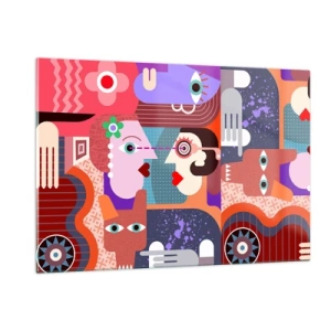 Cuadro sobre vidrio - Impresiones sobre Vidrio - Una composición abstracta de rostros y formas en colores intensos. - 120x80cm - Cara a cara - Decoración de pared moderna para salón y dormitorio ARTTOR