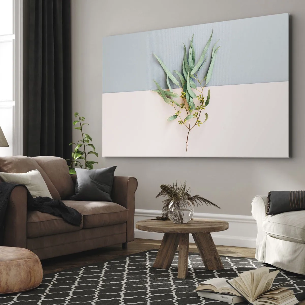 Cuadro sobre lienzo - Impresión de Imagen - Una rama con hojas sobre un fondo de tonos pastel. - 70x50cm - La sutileza del pastel - Decoración de pared moderna para salón y dormitorio ARTTOR