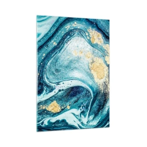 Cuadro sobre vidrio - Impresiones sobre Vidrio - Remolinos abstractos en tonos turquesa y dorado. - 50x70cm - Vórtice azul - Decoración de pared moderna para salón y dormitorio ARTTOR