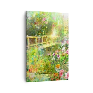Cuadro sobre lienzo - Impresión de Imagen - Un puente rodeado de exuberante vegetación y flores. - 80x120cm - Un puente de suspiros de primavera - Decoración de pared moderna para salón y dormitorio ARTTOR