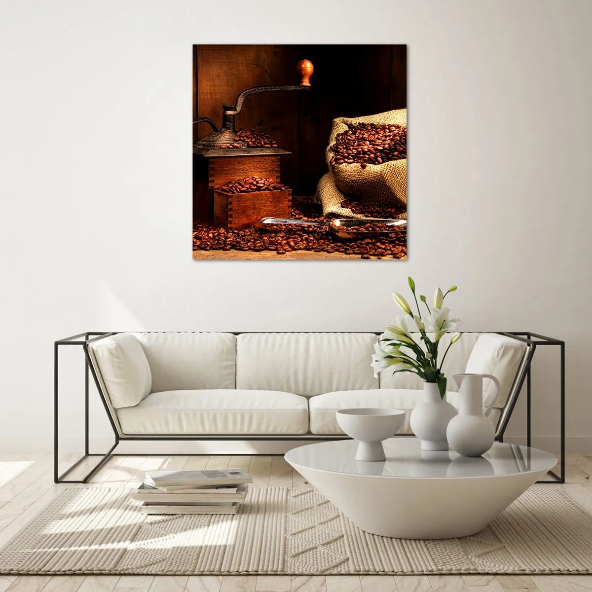 Cuadro sobre vidrio - Impresiones sobre Vidrio - Bodegón con granos de café y molinillo - 40x40 cm