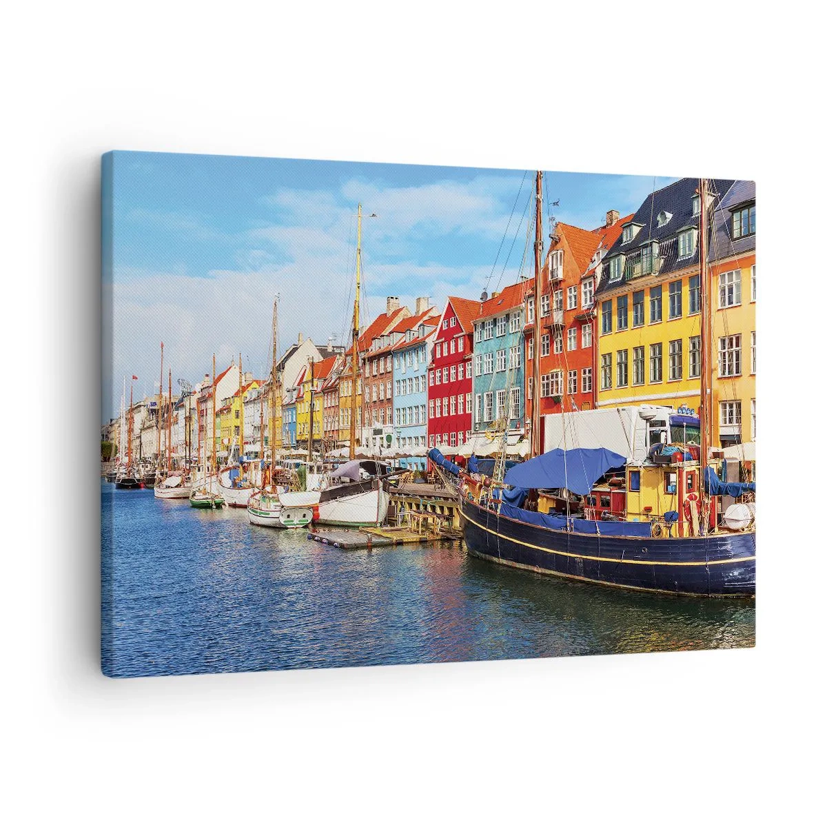 Cuadro sobre lienzo - Impresión de Imagen - Casas coloridas en el canal con barcos al sol - 70x50cm - Muelle alegre - Decoración de pared moderna para salón y dormitorio ARTTOR