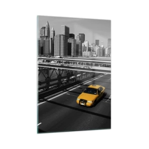 Cuadro sobre vidrio - Impresiones sobre Vidrio - Un taxi amarillo en un puente con vistas a Manhattan - 50x70cm - El color de la gran ciudad - Decoración de pared moderna para salón y dormitorio ARTTOR