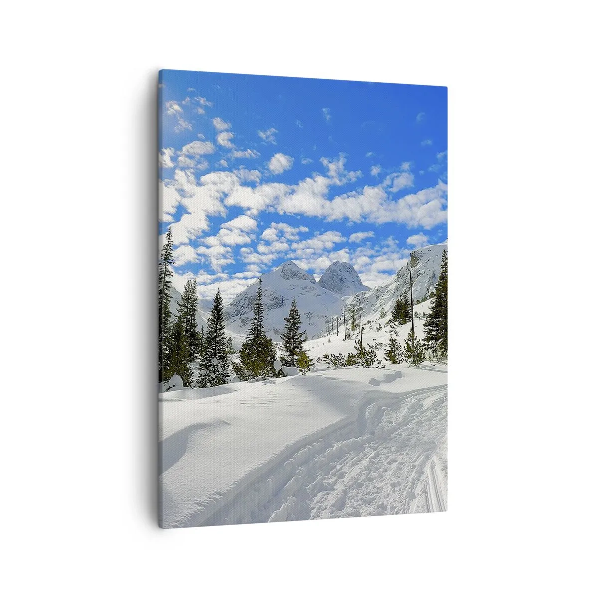 Cuadro sobre lienzo - Impresión de Imagen - Paisaje invernal de montaña con un bosque y un camino en la nieve. - 50x70cm - Nieve y sol - Decoración de pared moderna para salón y dormitorio ARTTOR