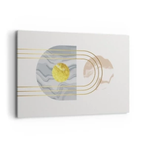 Cuadro sobre lienzo - Impresión de Imagen - Composición abstracta con círculos y líneas doradas sobre fondo claro. - 120x80cm - Brillo y resplandor - Decoración de pared moderna para salón y dormitorio ARTTOR