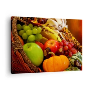 Cuadro sobre lienzo - Impresión de Imagen - Una cesta de frutas, calabazas y maíz sobre un fondo de colores otoñales. - 70x50cm - Cesta de la cosecha - Decoración de pared moderna para salón y dormitorio ARTTOR