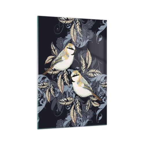 Cuadro sobre vidrio - Impresiones sobre Vidrio - Pájaros en ramas sobre un fondo ornamental. - 70x100cm - En la copa del árbol - Decoración de pared moderna para salón y dormitorio ARTTOR