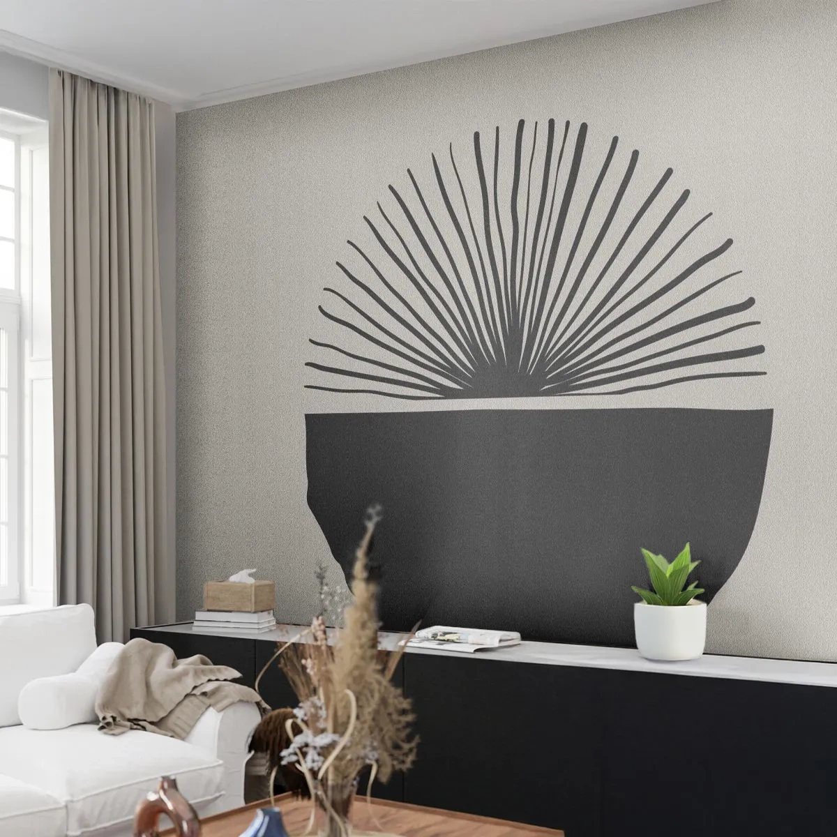 Fotomural Premium Sand - Una abstracción negra que se asemeja a un abanico y un semicírculo. - 100x70cm - Un abanico de posibilidades - Decoración de pared moderna para salón y dormitorio ARTTOR