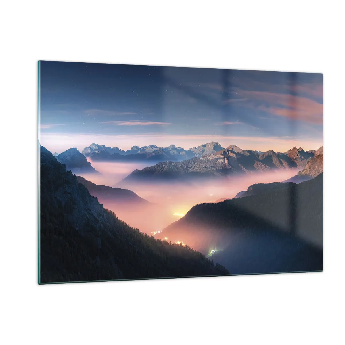 Cuadro sobre vidrio - Impresiones sobre Vidrio - Paisaje de montaña al atardecer con niebla en el valle - 120x80cm - Luz en los valles - Decoración de pared moderna para salón y dormitorio ARTTOR