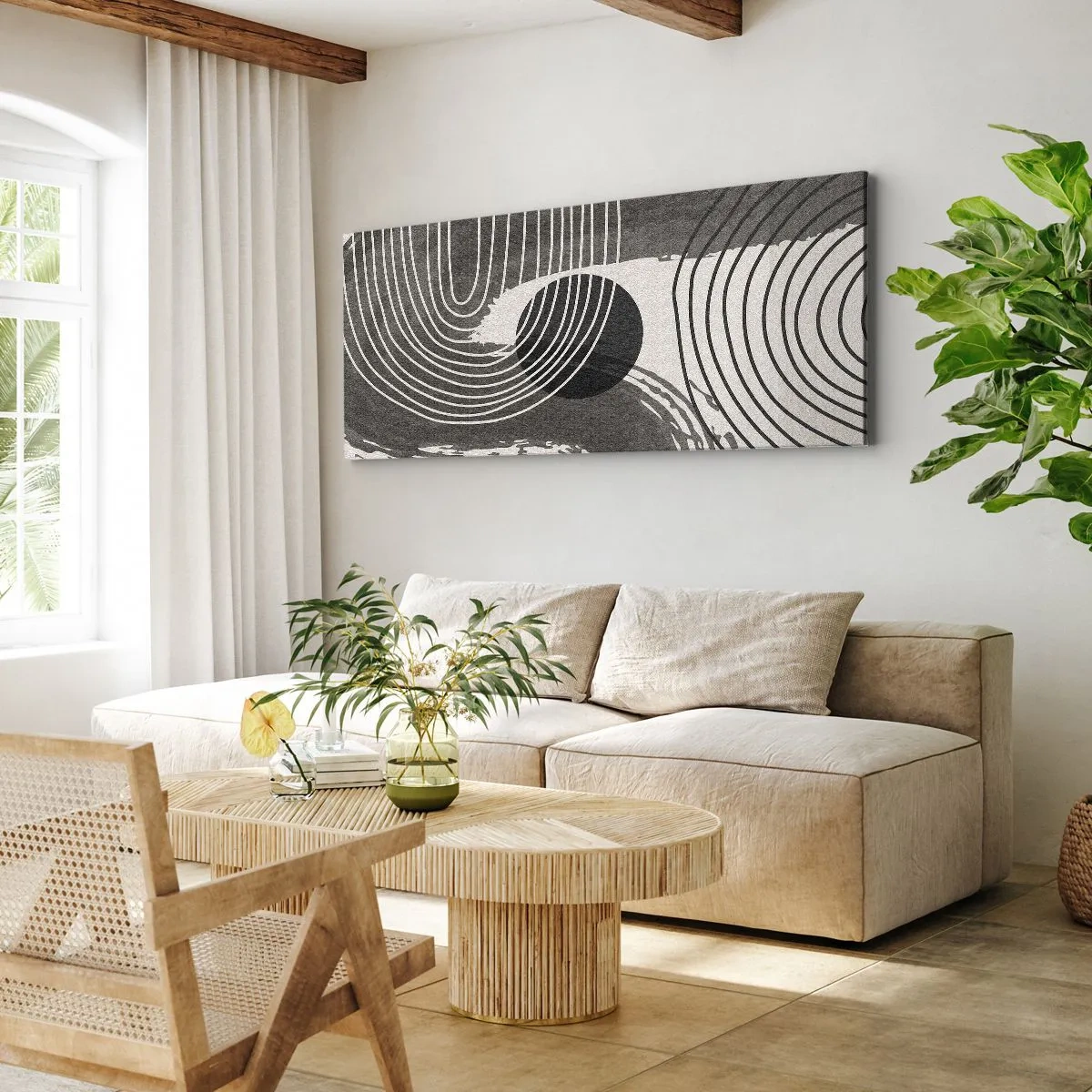 Cuadro sobre lienzo - Impresión de Imagen - Líneas geométricas y óvalos en tonos monocromáticos. - 160x50cm - La victoria del óvalo - Decoración de pared moderna para salón y dormitorio ARTTOR