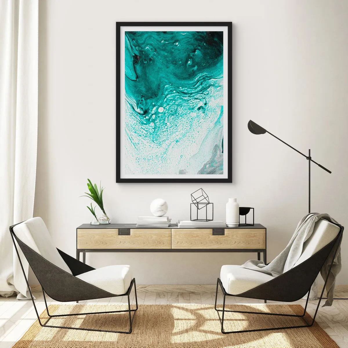 Póster en marco negro - Patrón abstracto en turquesa y blanco. - 50x70cm - Disolución en blanco y turquesa - Decoración de pared moderna para salón y dormitorio ARTTOR
