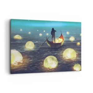 Cuadro sobre lienzo - Impresión de Imagen - Una figura en un barco rodeada de bolas luminosas en el agua. - 100x70cm - Cosas que los filósofos nunca soñaron - Decoración de pared moderna para salón y dormitorio ARTTOR