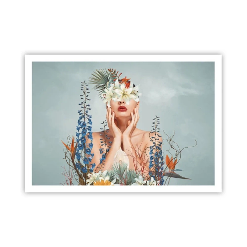 Póster - Retrato de una mujer con un motivo floral sobre un fondo azul. - 100x70cm - Mujer-flor - Decoración de pared moderna para salón y dormitorio ARTTOR