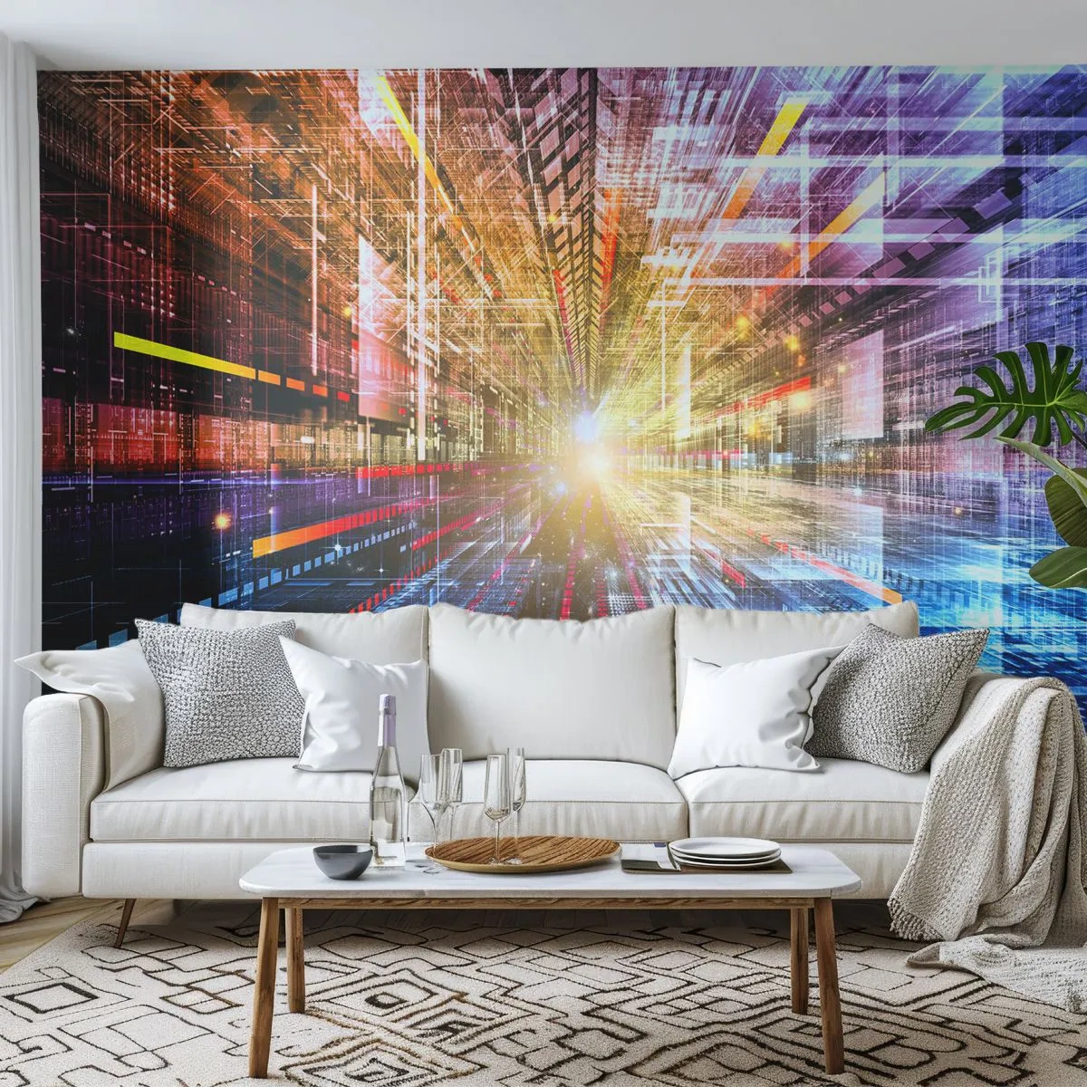 Fotomural Premium Sand - Una visión abstracta de un espacio digital futurista - 100x70cm - Un pasillo luminoso - Decoración de pared moderna para salón y dormitorio ARTTOR