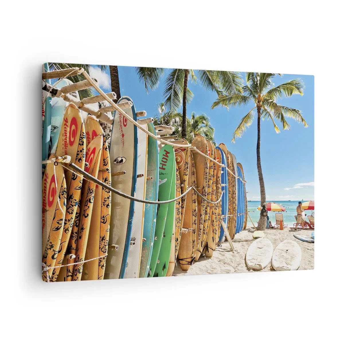 Cuadro sobre lienzo - Impresión de Imagen - Tablas de surf en una playa con palmeras - 70x50cm - Diversión soleada - Decoración de pared moderna para salón y dormitorio ARTTOR