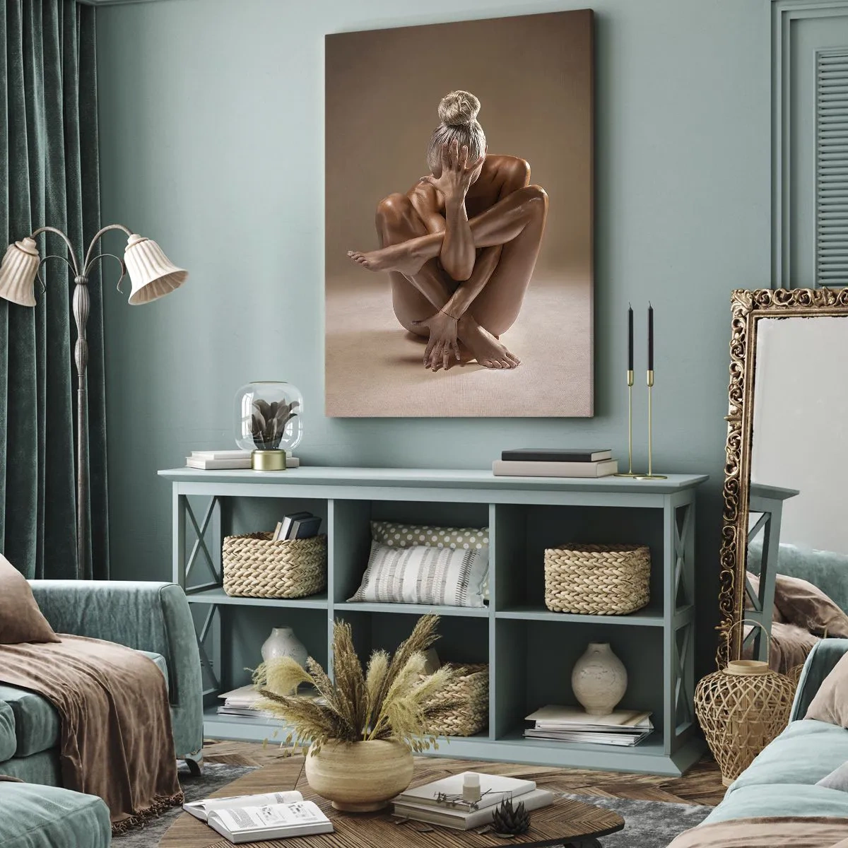 Cuadro sobre lienzo - Impresión de Imagen - Silueta artística de una mujer sobre un fondo beige. - 70x100cm - Unidad de cuerpo y espíritu - Decoración de pared moderna para salón y dormitorio ARTTOR