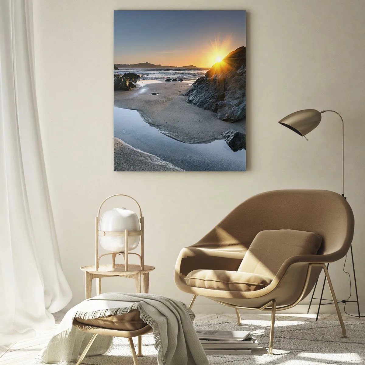 Cuadro sobre vidrio - Impresiones sobre Vidrio - Playa al amanecer con pintorescas rocas y agua. - 50x70cm - Sin tocar por la mano del hombre - Decoración de pared moderna para salón y dormitorio ARTTOR