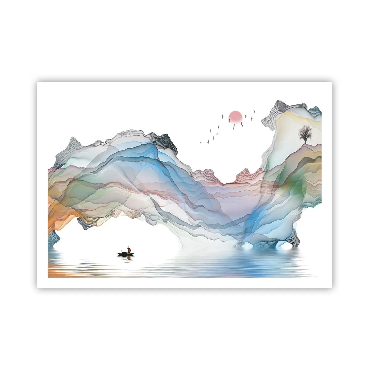 Póster - Un paisaje sutil con montañas, agua y un barco. - 100x70cm - Hacia las montañas de cristal - Decoración de pared moderna para salón y dormitorio ARTTOR