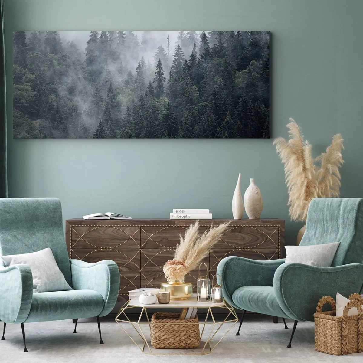 Cuadro sobre lienzo - Impresión de Imagen - Bosque de coníferas brumoso en tonos grises y verdes. - 140x50cm - Amanecer en el bosque - Decoración de pared moderna para salón y dormitorio ARTTOR