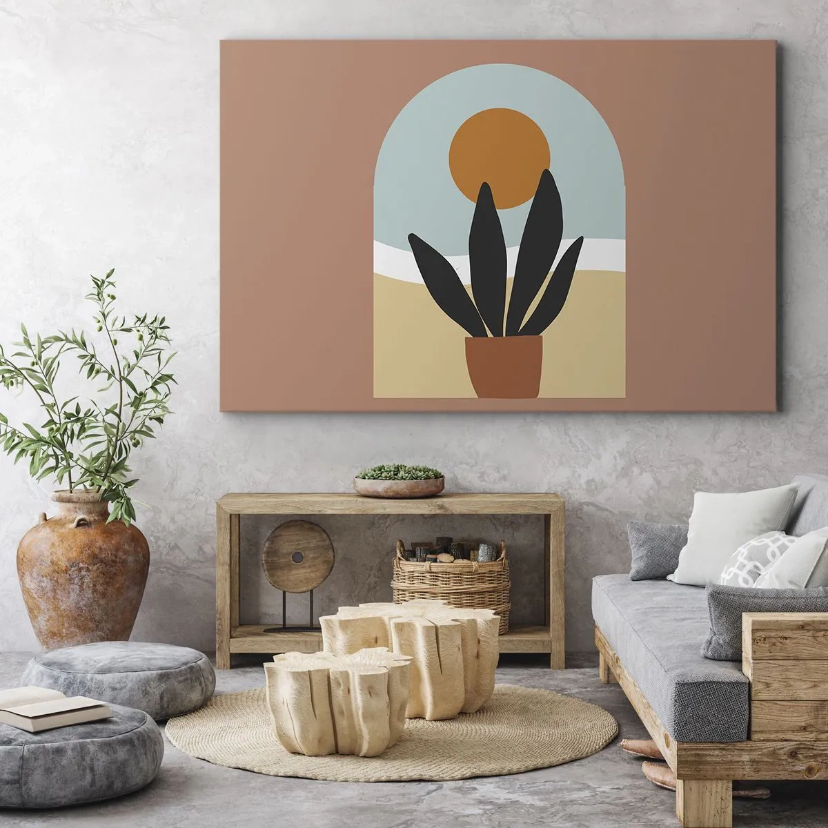 Cuadro sobre lienzo - Impresión de Imagen - Una planta negra en una maceta contra el sol. - 70x50cm - Pequeñas alegrías - Decoración de pared moderna para salón y dormitorio ARTTOR