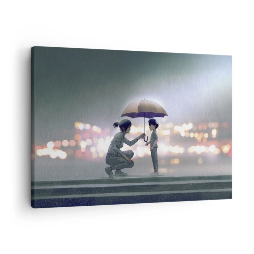 Cuadro sobre lienzo - Impresión de Imagen - Una figura con un paraguas protegiendo a un niño contra el fondo de luces nocturnas. - 70x50cm - Y todo está bien - Decoración de pared moderna para salón y dormitorio ARTTOR